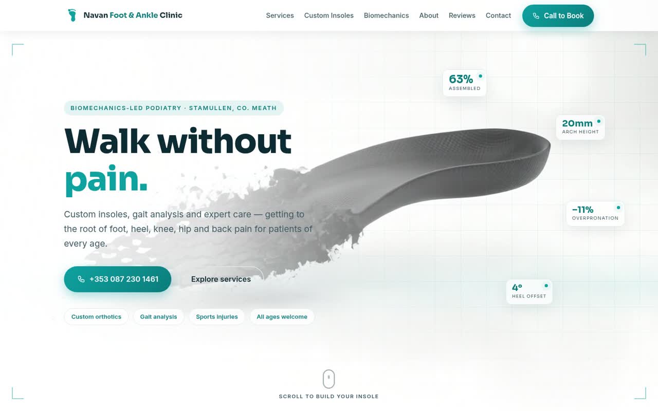 The Navan Foot & Ankle homepage with its custom orthotic part-way through assembling.