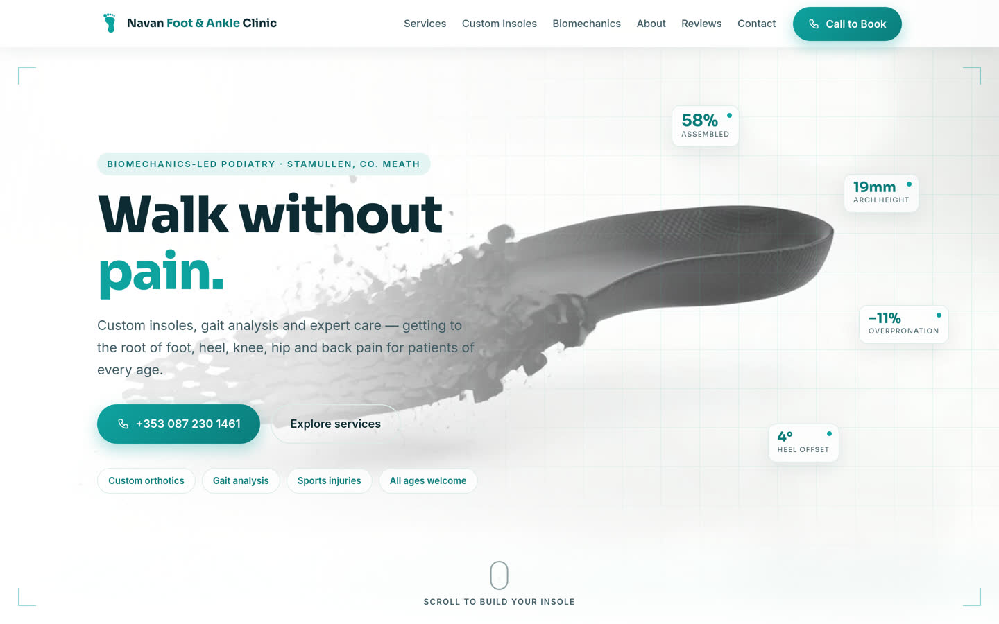 Navan Foot & Ankle homepage: the 'Walk without pain' hero, mid-scroll, with the orthotic half-assembled and live biomechanics readouts.