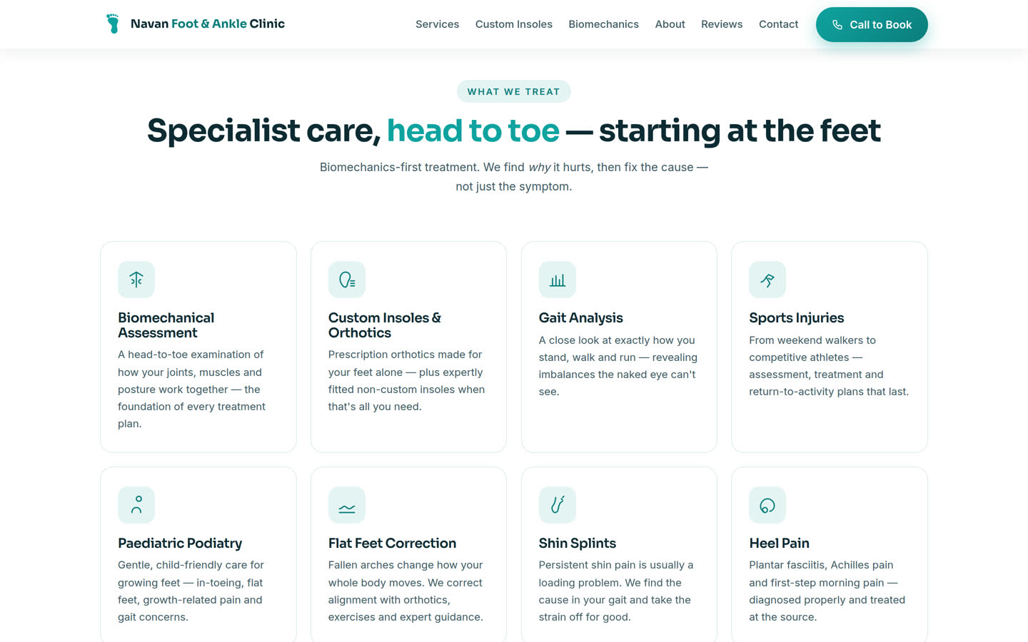 Services section of the Navan site: an eight-card grid covering assessments, orthotics, gait analysis and sports injuries.